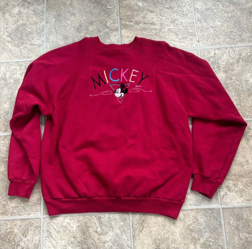 Vintage 90s Mickey Mouse Embroidered Red Crewneck Sweatshirt XL